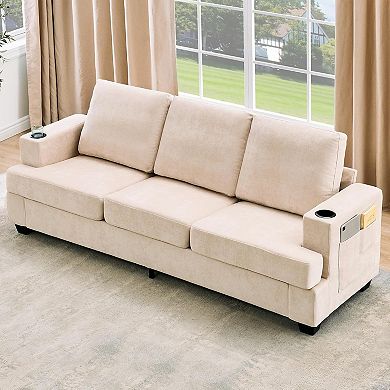 Modern 89" Chenille 3-Seater Sofa with Cup Holders and Side Storage Pockets