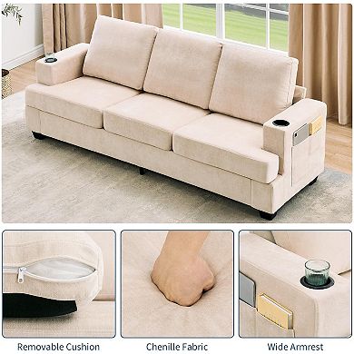 Modern 89" Chenille 3-Seater Sofa with Cup Holders and Side Storage Pockets