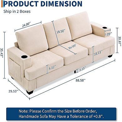 Modern 89" Chenille 3-Seater Sofa with Cup Holders and Side Storage Pockets