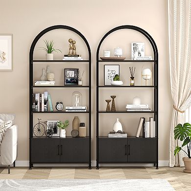 Bookshelf Arched Bookcase with Doors Storage Industrial Book Shelf with Sturdy Metal Frame
