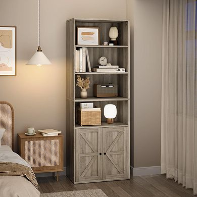 Tall Industrial and Farmhouse Style Bookcase, Space-Saving Shelf with Storage Cabinet