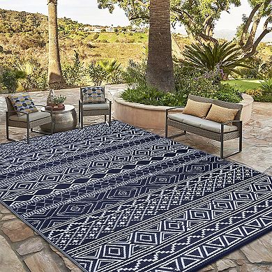 Waterproof Outdoor Rug Modern Patio Plastic Straw, Stain-Resistant Reversible RV Mat,Geometric Rug