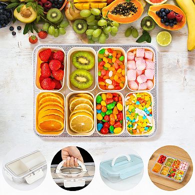 Ribbed Snackle Box 8-Compartment Tray with Lid Handle Travel Fruit