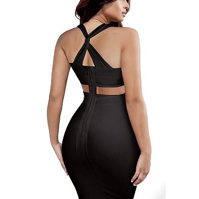 Women's Off-Shoulder Bodycon Stretch Dress, V-Neck, Knee Length