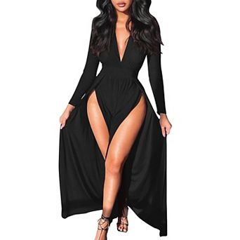 Womens Elegant Plunge V Neck Maxi Dress with Long Sleeves