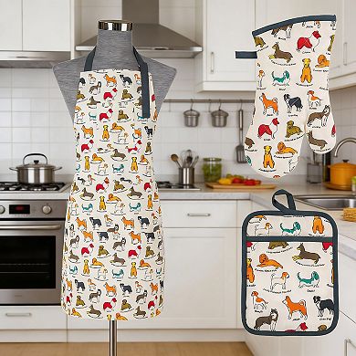Dog Print 5pc Heat-Resistant Mitt Potholder Apron Set