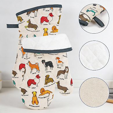 Dog Print 5pc Heat-Resistant Mitt Potholder Apron Set