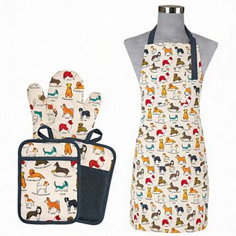 Dog Print 5 pc Heat-Resistant Mitt Potholder Apron Set