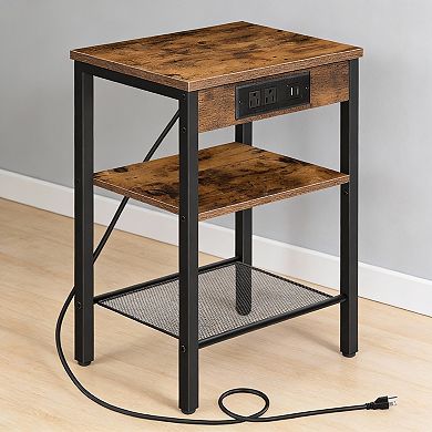 Rustic Brown Side Table with USB Port 3-Tier Adjustable Shelf Nightstand
