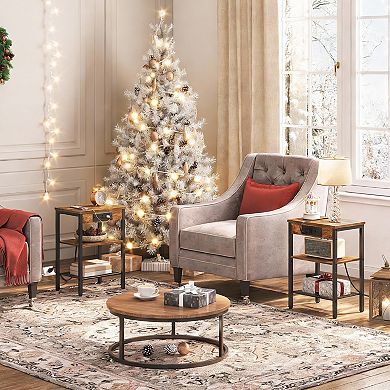 Rustic Brown Side Table with USB Port 3-Tier Adjustable Shelf Nightstand