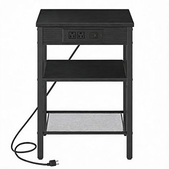 Rustic Brown Side Table with USB Port 3 tier Adjustable Shelf Nightstand