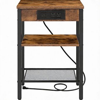 Retro Style Side Table with USB Ports and Adjustable Shelf Can Be Used as a Nightstand