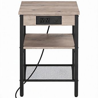 Retro Style Side Table with USB Ports and Adjustable Shelf Can Be Used as a Nightstand