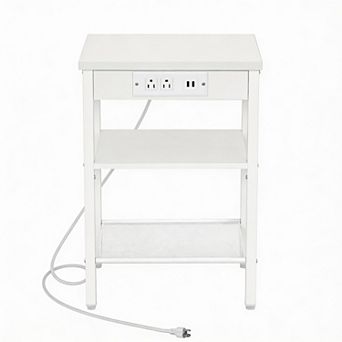 Retro Style Side Table with USB Ports and Adjustable Shelf Can Be Used as a Nightstand