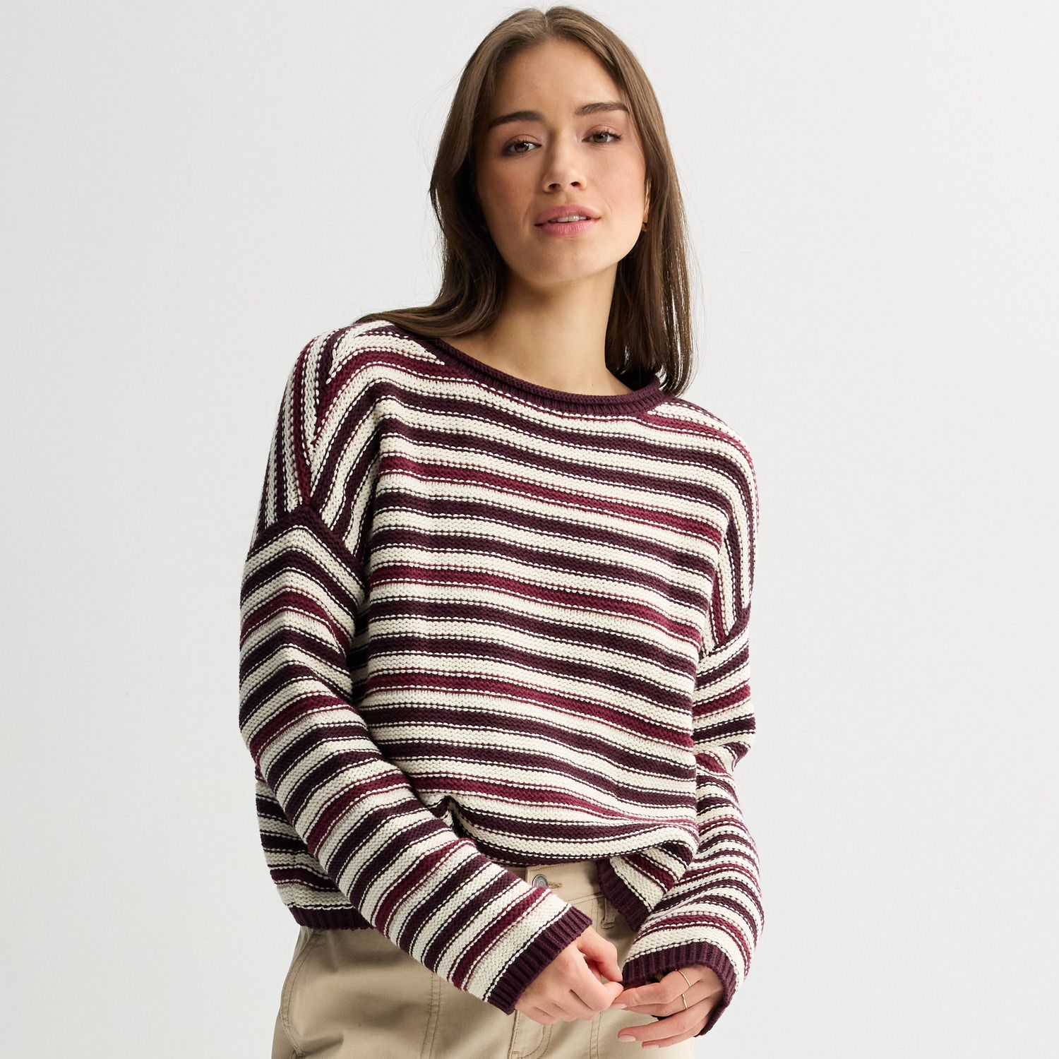 Женские свитеры Juniors' SO® Textured Boatneck, цвет: Ягодный полосатый комбинированный — фото 1