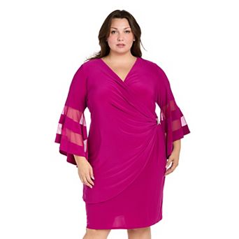 Plus Size R&M Richards Sheer Trim Angel Sleeve Wrap Mini Dress