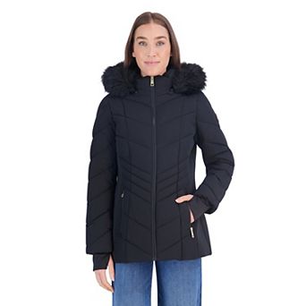 Women's London Fog Short Promo Puffer Jacket with Faux-Fur Trim