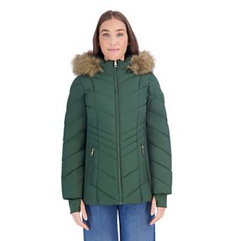 Women's London Fog Short Promo Puffer Jacket with Faux-Fur Trim