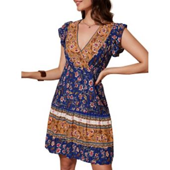 Womens V Neck Floral Mini Dress Ruffle Cap Sleeve Boho Vacation Cute Flowy Summer Beach Dresses