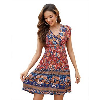 Womens V Neck Floral Mini Dress Ruffle Cap Sleeve Boho Vacation Cute Flowy Summer Beach Dresses