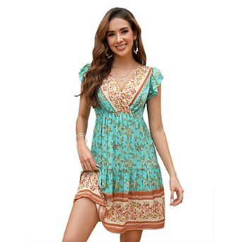 Womens V Neck Floral Mini Dress Ruffle Cap Sleeve Boho Vacation Cute Flowy Summer Beach Dresses
