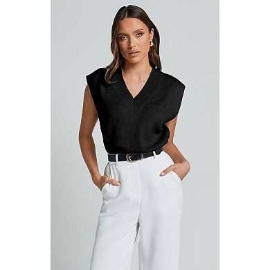 Womens V Neck Sweater Vest Oversized Ribbed Knit Sleeveless Casual Loose Fit Pullover Tank Top