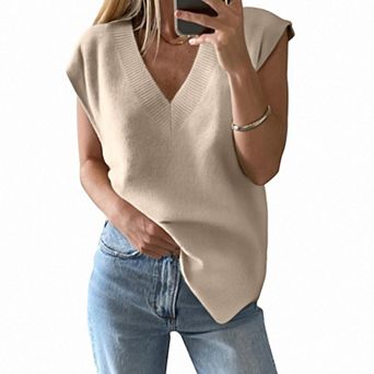 Womens V Neck Sweater Vest Oversized Ribbed Knit Sleeveless Casual Loose Fit Pullover Tank Top