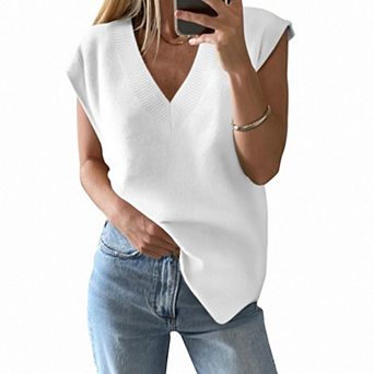 Womens V Neck Sweater Vest Oversized Ribbed Knit Sleeveless Casual Loose Fit Pullover Tank Top