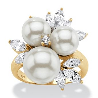 PalmBeach Jewelry 1.84 ct w. Round 14k Gold-plated Silver Simulated Pearl and CZ Cluster Ring