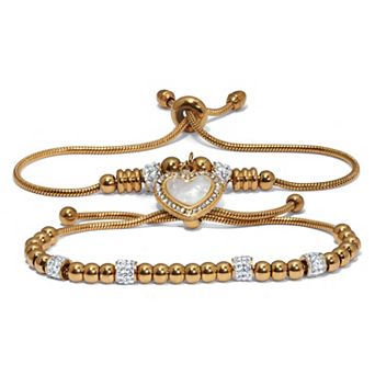 Round Crystal Gold Ion-Plated Stainless Steel Heart Charm Bracelet Set 7-inch