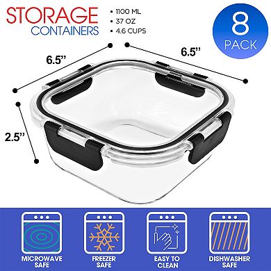 Sorbus 16 Piece Square (1100ml/ 37oz/ 4.6cups) Glass Meal Prep Containers with Airtight Lids