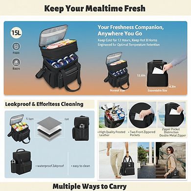 Insulated Lunch Bag Double Deck 15L Leakproof Expandable for Work and Outdoor
