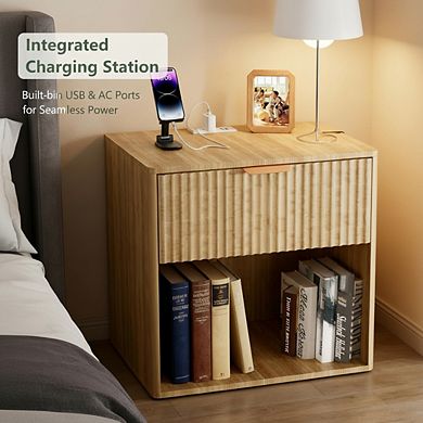 AKSZRI Mid-Century Modern Nightstand with Charging Station - Fluted Side Table with Drawer