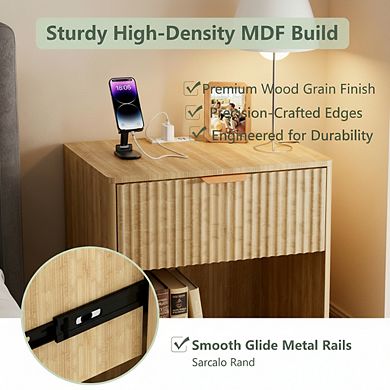 AKSZRI Mid-Century Modern Nightstand with Charging Station - Fluted Side Table with Drawer