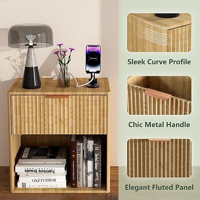 AKSZRI Mid-Century Modern Nightstand with Charging Station - Fluted Side Table with Drawer