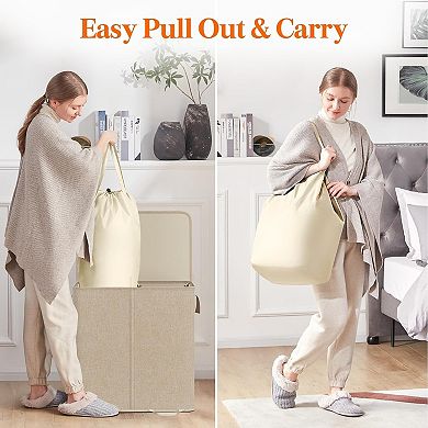 Double Laundry Hamper with Lid Removable Bags 136L Collapsible 2 Dividers