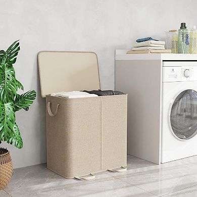 Double Laundry Hamper with Lid Removable Bags 136L Collapsible 2 Dividers