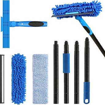 2 in 1 Window Squeegee Cleaner with Scrubber and Blade Extension Pole