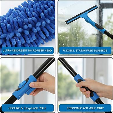 2 in 1 Window Squeegee Cleaner with Scrubber and Blade Extension Pole