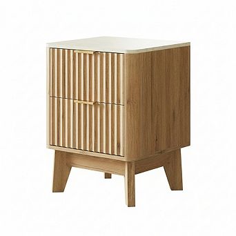 AKSZRI Fluted Nightstand with Faux Marble Top - Modern Side Table with 2 Drawers