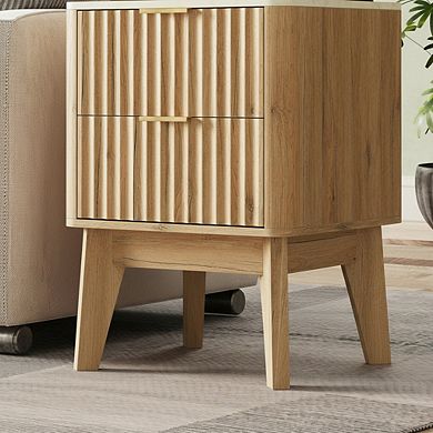 AKSZRI Fluted Nightstand with Faux Marble Top - Modern Side Table with 2 Drawers