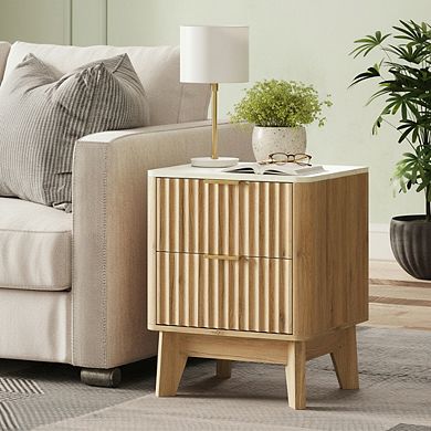 AKSZRI Fluted Nightstand with Faux Marble Top - Modern Side Table with 2 Drawers