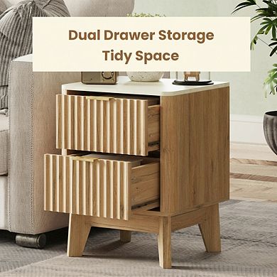 AKSZRI Fluted Nightstand with Faux Marble Top - Modern Side Table with 2 Drawers