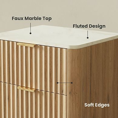 AKSZRI Fluted Nightstand with Faux Marble Top - Modern Side Table with 2 Drawers