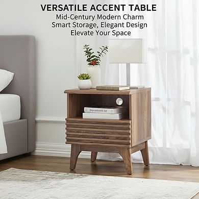 AKSZRI Mid-Century Modern Nightstand - One-Drawer Wooden Side Table, Walnut Finish