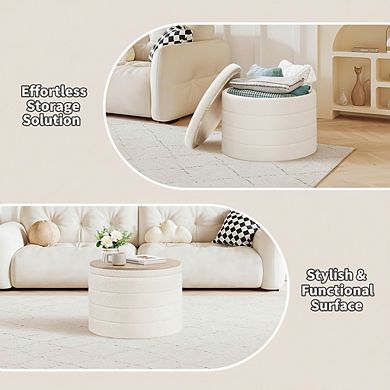 AKSZRI Boucle Round Storage Ottoman - Foldable Footstool & Coffee Table for Living Room, Bedroom