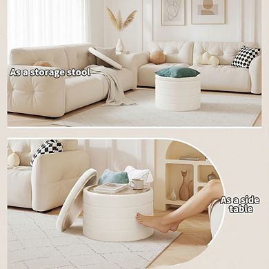 AKSZRI Boucle Round Storage Ottoman - Foldable Footstool & Coffee Table for Living Room, Bedroom