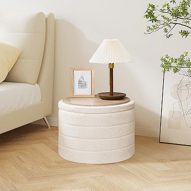 AKSZRI Boucle Round Storage Ottoman - Foldable Footstool & Coffee Table for Living Room, Bedroom