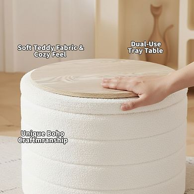 AKSZRI Boucle Round Storage Ottoman - Foldable Footstool & Coffee Table for Living Room, Bedroom
