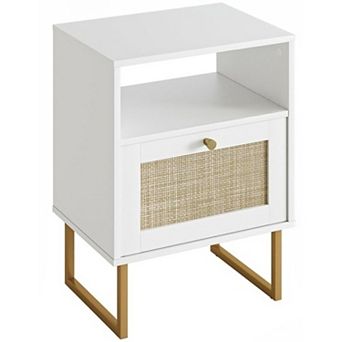 AKSZRI Boho Rattan Nightstand - Modern Farmhouse Bedside Table with Gold Frame, White